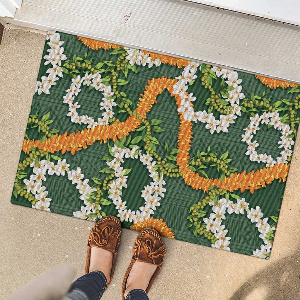 Aloha Festive Hawaii Rubber Doormat Mokihana - Maile and Ilima on Forest Green LT7 - Polynesian Pride