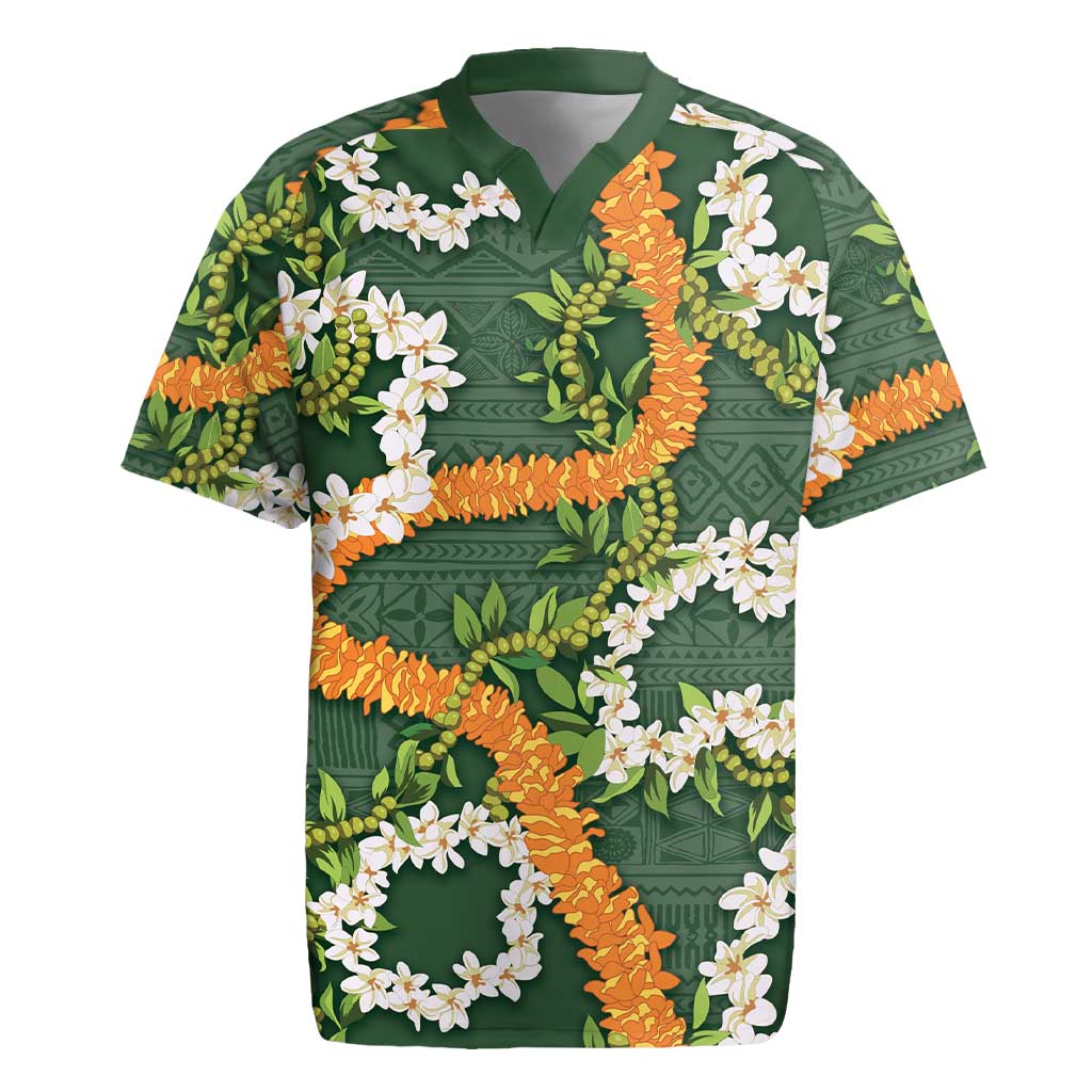 Aloha Festive Hawaii Rugby Jersey Mokihana - Maile and Ilima on Forest Green LT7 Forest Green - Polynesian Pride