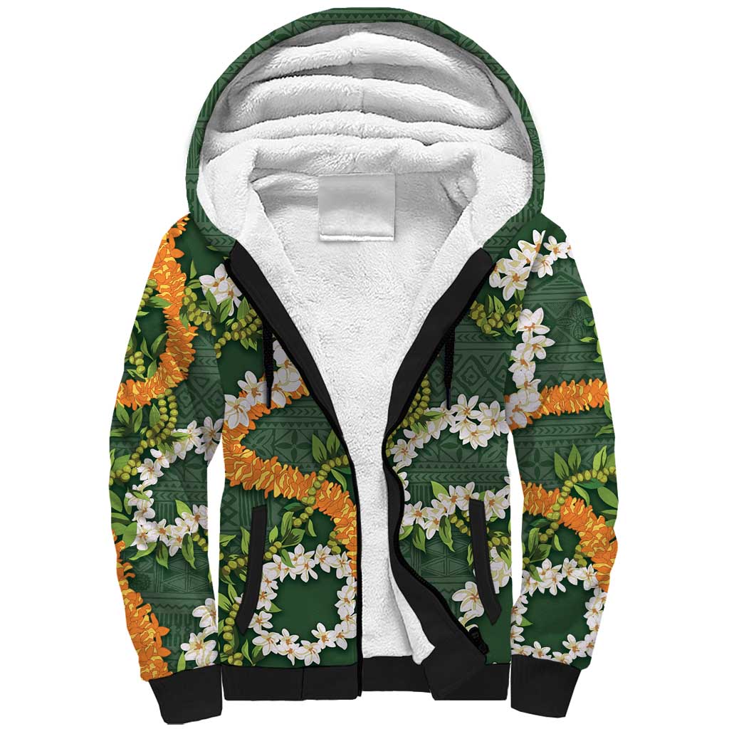 Aloha Festive Hawaii Sherpa Hoodie Mokihana - Maile and Ilima on Forest Green - Polynesian Pride