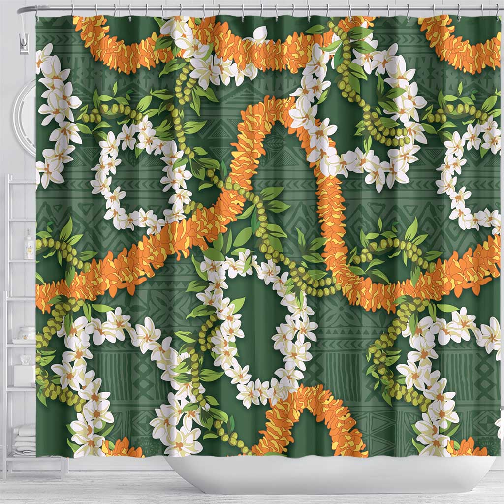Aloha Festive Hawaii Shower Curtain Mokihana - Maile and Ilima on Forest Green - Polynesian Pride