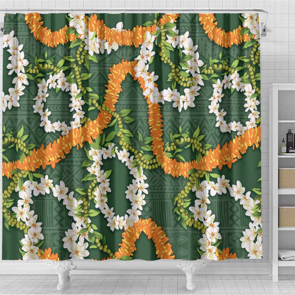 Aloha Festive Hawaii Shower Curtain Mokihana - Maile and Ilima on Forest Green - Polynesian Pride