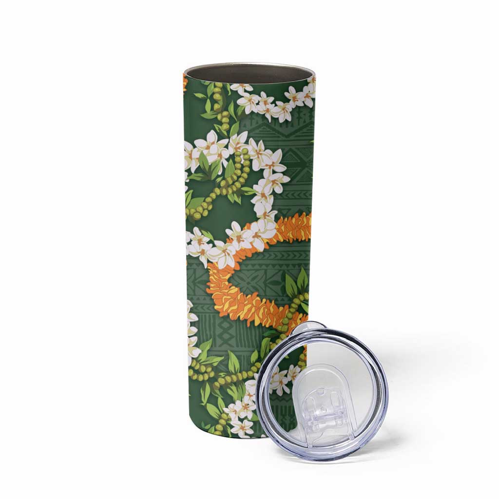 Aloha Festive Hawaii Skinny Tumbler Mokihana - Maile and Ilima on Forest Green - Polynesian Pride