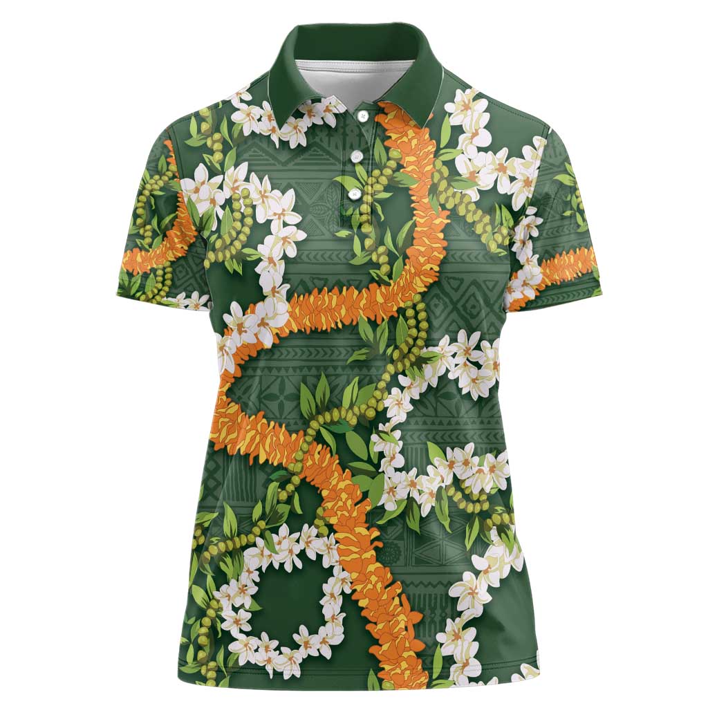 Aloha Festive Hawaii Women Polo Shirt Mokihana - Maile and Ilima on Forest Green - Polynesian Pride