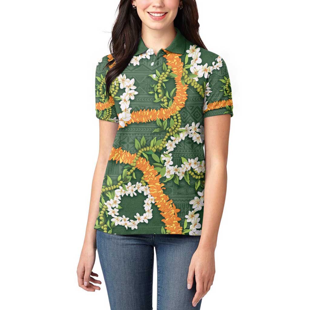 Aloha Festive Hawaii Women Polo Shirt Mokihana - Maile and Ilima on Forest Green - Polynesian Pride