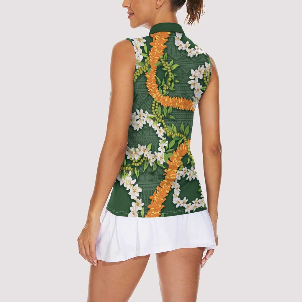 Aloha Festive Hawaii Women Sleeveless Polo Shirt Mokihana - Maile and Ilima on Forest Green - Polynesian Pride