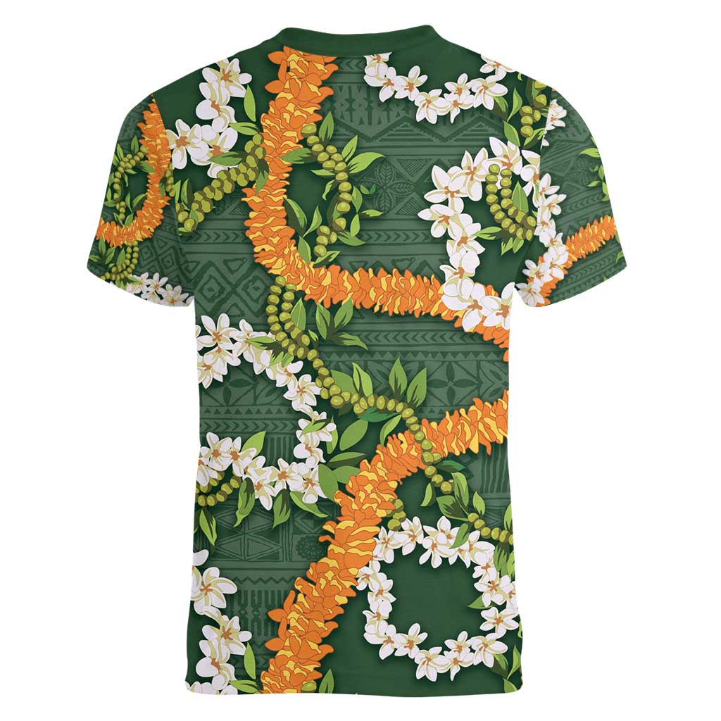 Aloha Festive Hawaii Women V-Neck T-Shirt Mokihana - Maile and Ilima on Forest Green - Polynesian Pride