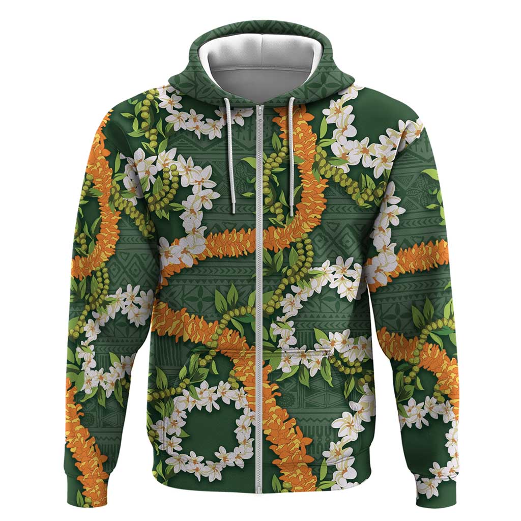 Aloha Festive Hawaii Zip Hoodie Mokihana - Maile and Ilima on Forest Green - Polynesian Pride
