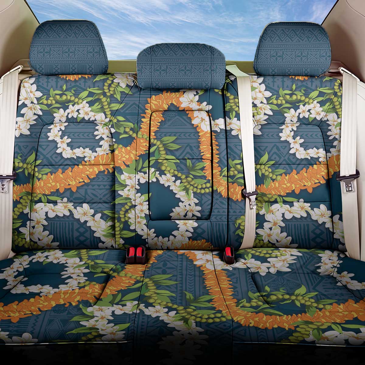 Aloha Festive Hawaii Back Car Seat Cover Mokihana - Maile and Ilima on Navy Blue - Polynesian Pride
