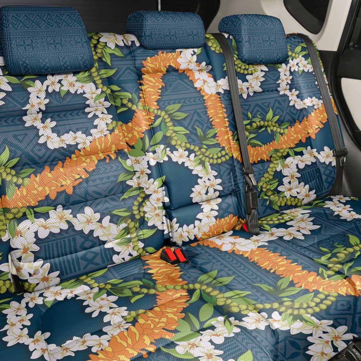 Aloha Festive Hawaii Back Car Seat Cover Mokihana - Maile and Ilima on Navy Blue - Polynesian Pride