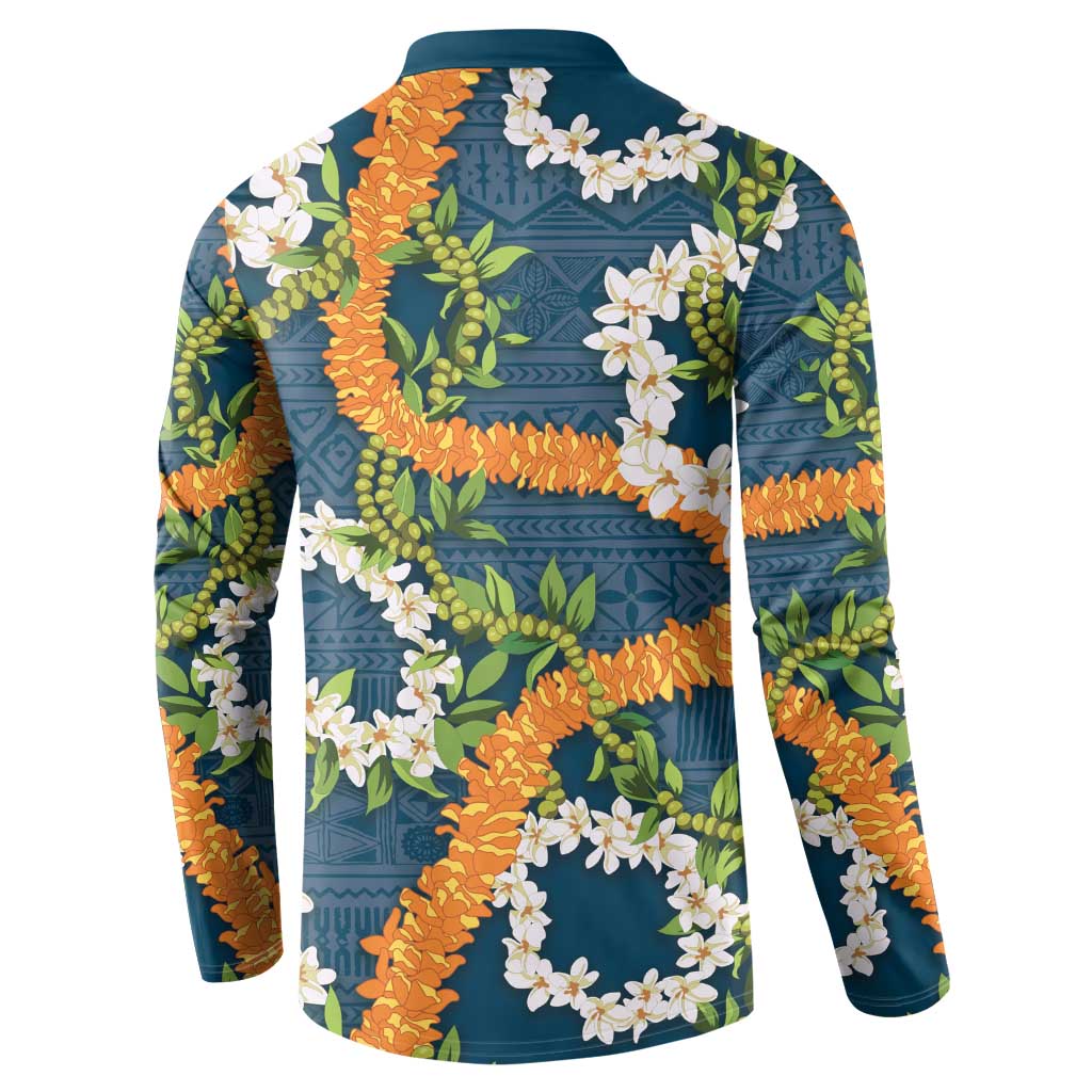 Aloha Festive Hawaii Button Sweatshirt Mokihana - Maile and Ilima on Navy Blue - Polynesian Pride