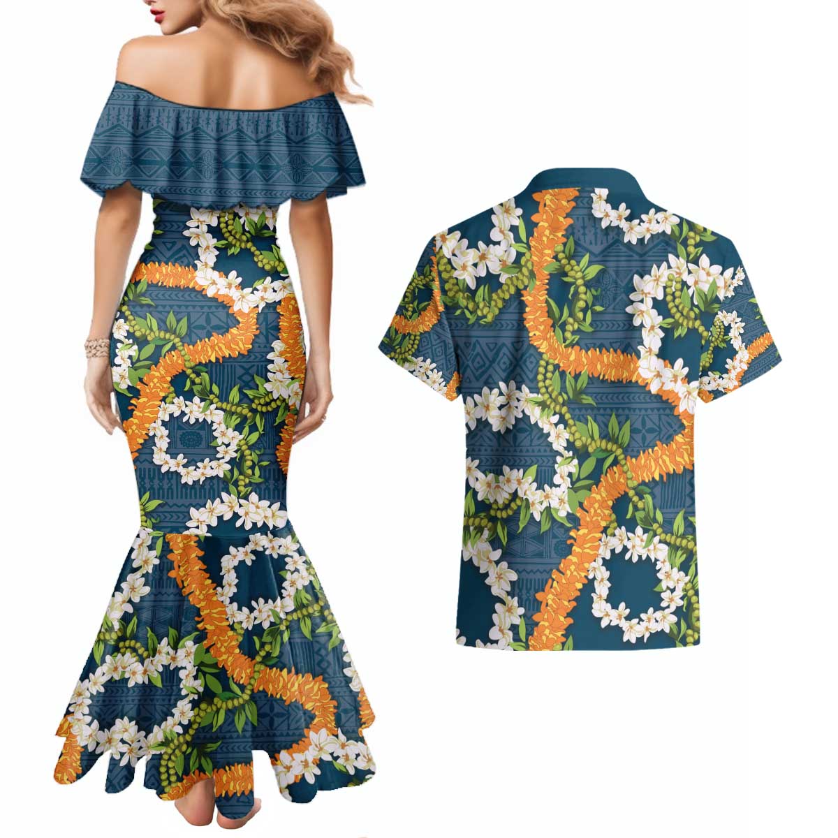 Aloha Festive Hawaii Couples Matching Mermaid Dress and Hawaiian Shirt Mokihana - Maile and Ilima on Navy Blue - Polynesian Pride