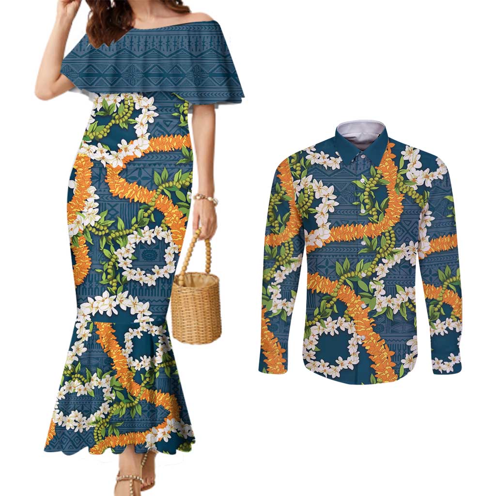 Aloha Festive Hawaii Couples Matching Mermaid Dress and Long Sleeve Button Shirt Mokihana - Maile and Ilima on Navy Blue - Polynesian Pride
