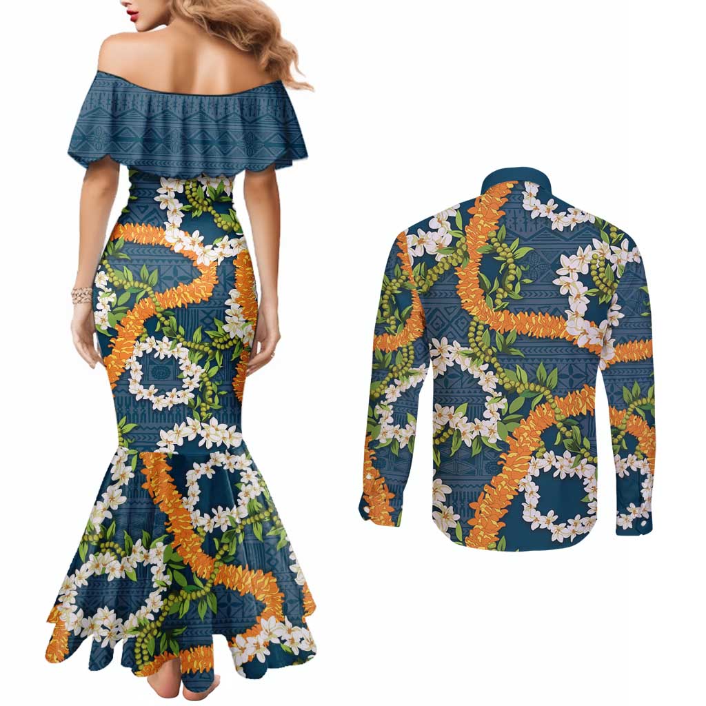 Aloha Festive Hawaii Couples Matching Mermaid Dress and Long Sleeve Button Shirt Mokihana - Maile and Ilima on Navy Blue - Polynesian Pride