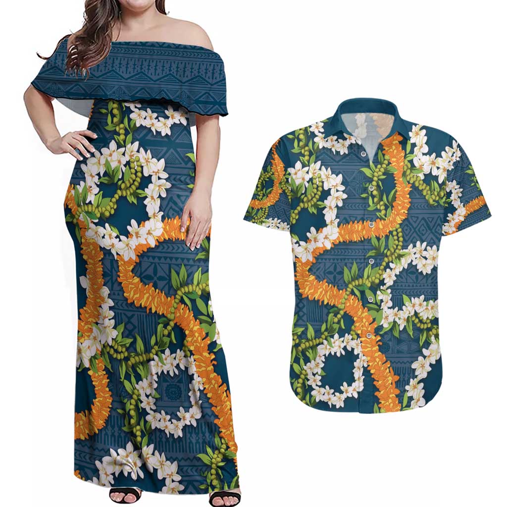 Aloha Festive Hawaii Couples Matching Off Shoulder Maxi Dress and Hawaiian Shirt Mokihana - Maile and Ilima on Navy Blue - Polynesian Pride