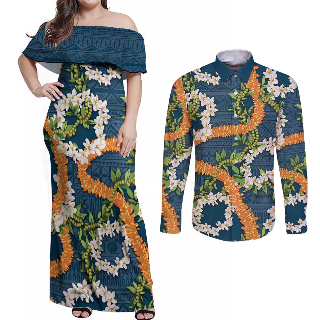 Aloha Festive Hawaii Couples Matching Off Shoulder Maxi Dress and Long Sleeve Button Shirt Mokihana - Maile and Ilima on Navy Blue LT7 Navy Blue - Polynesian Pride
