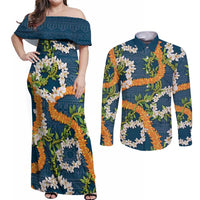 Aloha Festive Hawaii Couples Matching Off Shoulder Maxi Dress and Long Sleeve Button Shirt Mokihana - Maile and Ilima on Navy Blue LT7 Navy Blue - Polynesian Pride