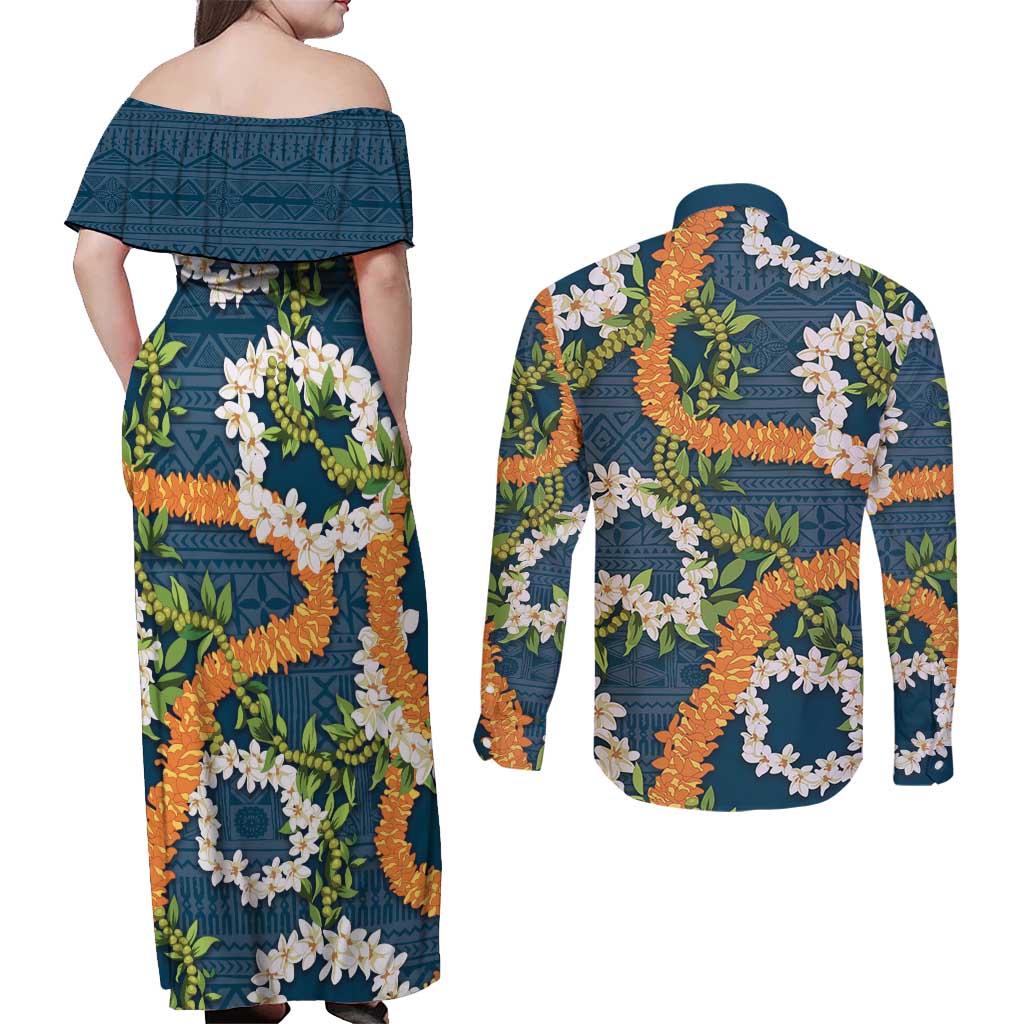 Aloha Festive Hawaii Couples Matching Off Shoulder Maxi Dress and Long Sleeve Button Shirt Mokihana - Maile and Ilima on Navy Blue LT7 - Polynesian Pride