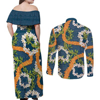 Aloha Festive Hawaii Couples Matching Off Shoulder Maxi Dress and Long Sleeve Button Shirt Mokihana - Maile and Ilima on Navy Blue LT7 - Polynesian Pride