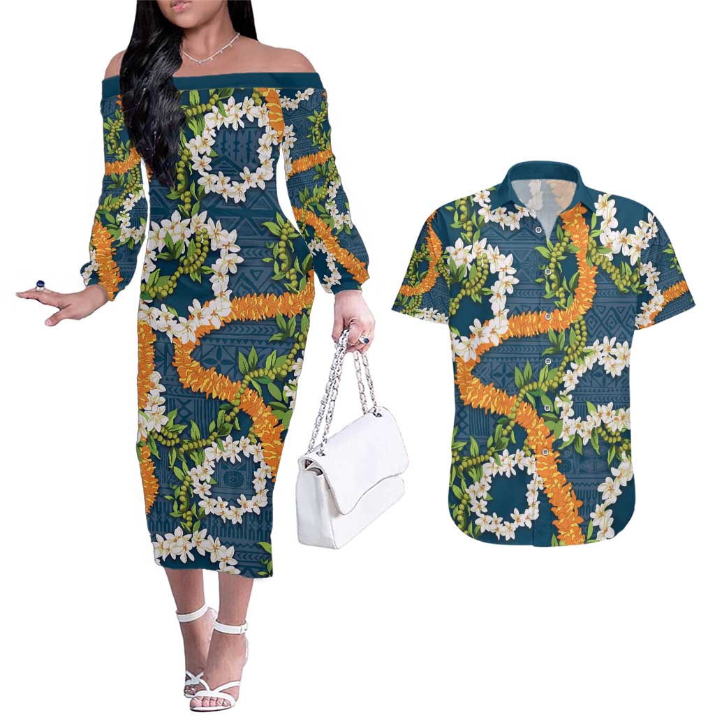 Aloha Festive Hawaii Couples Matching Off The Shoulder Long Sleeve Dress and Hawaiian Shirt Mokihana - Maile and Ilima on Navy Blue - Polynesian Pride