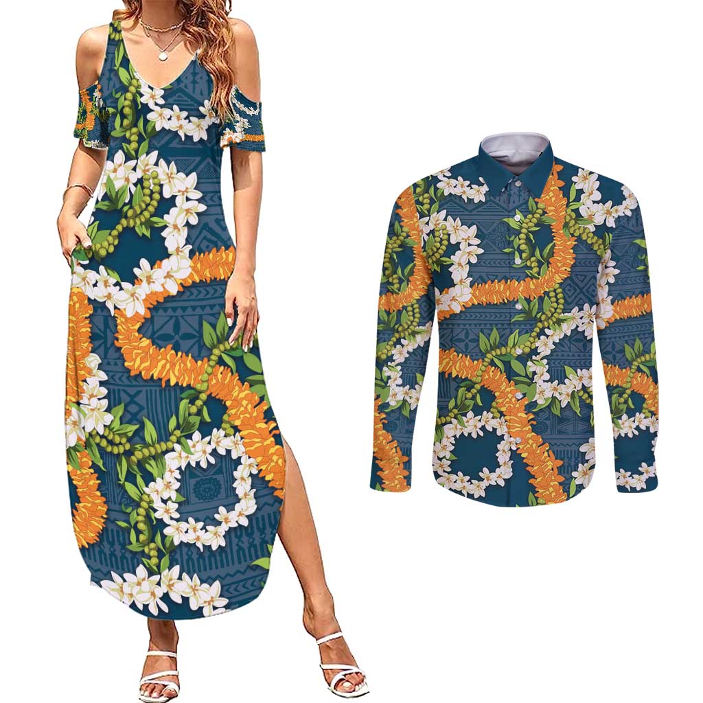 Aloha Festive Hawaii Couples Matching Summer Maxi Dress and Long Sleeve Button Shirt Mokihana - Maile and Ilima on Navy Blue - Polynesian Pride