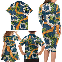 Aloha Festive Hawaii Family Matching Long Sleeve Bodycon Dress and Hawaiian Shirt Mokihana - Maile and Ilima on Navy Blue - Polynesian Pride