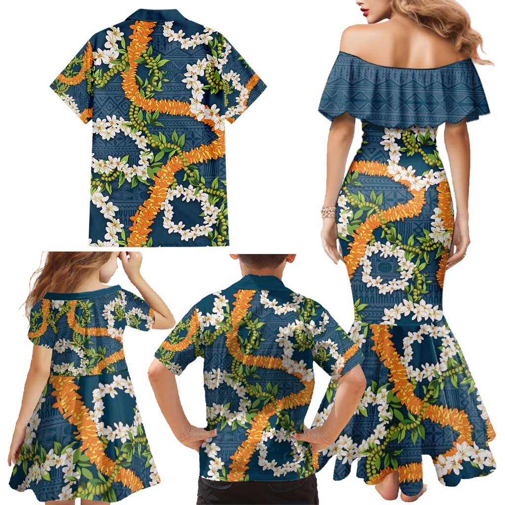 Aloha Festive Hawaii Family Matching Mermaid Dress and Hawaiian Shirt Mokihana - Maile and Ilima on Navy Blue - Polynesian Pride