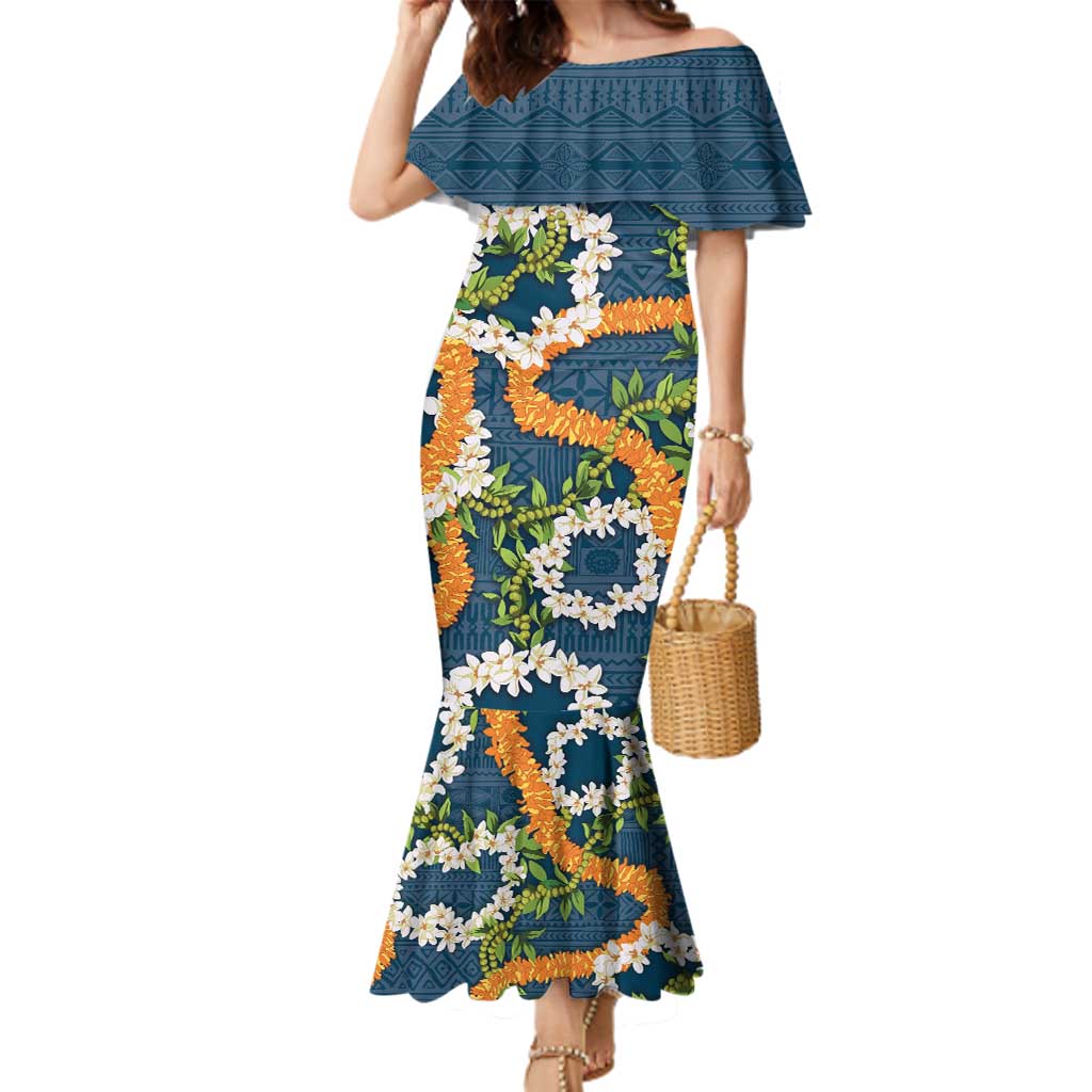 Aloha Festive Hawaii Family Matching Mermaid Dress and Hawaiian Shirt Mokihana - Maile and Ilima on Navy Blue - Polynesian Pride