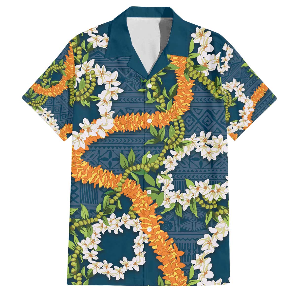 Aloha Festive Hawaii Family Matching Off The Shoulder Long Sleeve Dress and Hawaiian Shirt Mokihana - Maile and Ilima on Navy Blue - Polynesian Pride