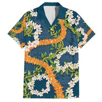 Aloha Festive Hawaii Family Matching Off The Shoulder Long Sleeve Dress and Hawaiian Shirt Mokihana - Maile and Ilima on Navy Blue - Polynesian Pride