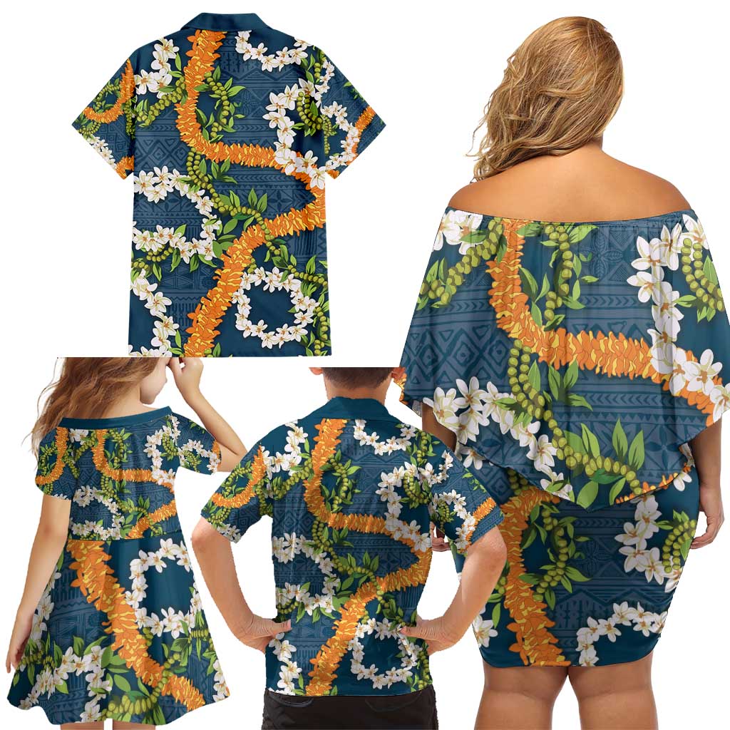 Aloha Festive Hawaii Family Matching Off Shoulder Short Dress and Hawaiian Shirt Mokihana - Maile and Ilima on Navy Blue - Polynesian Pride