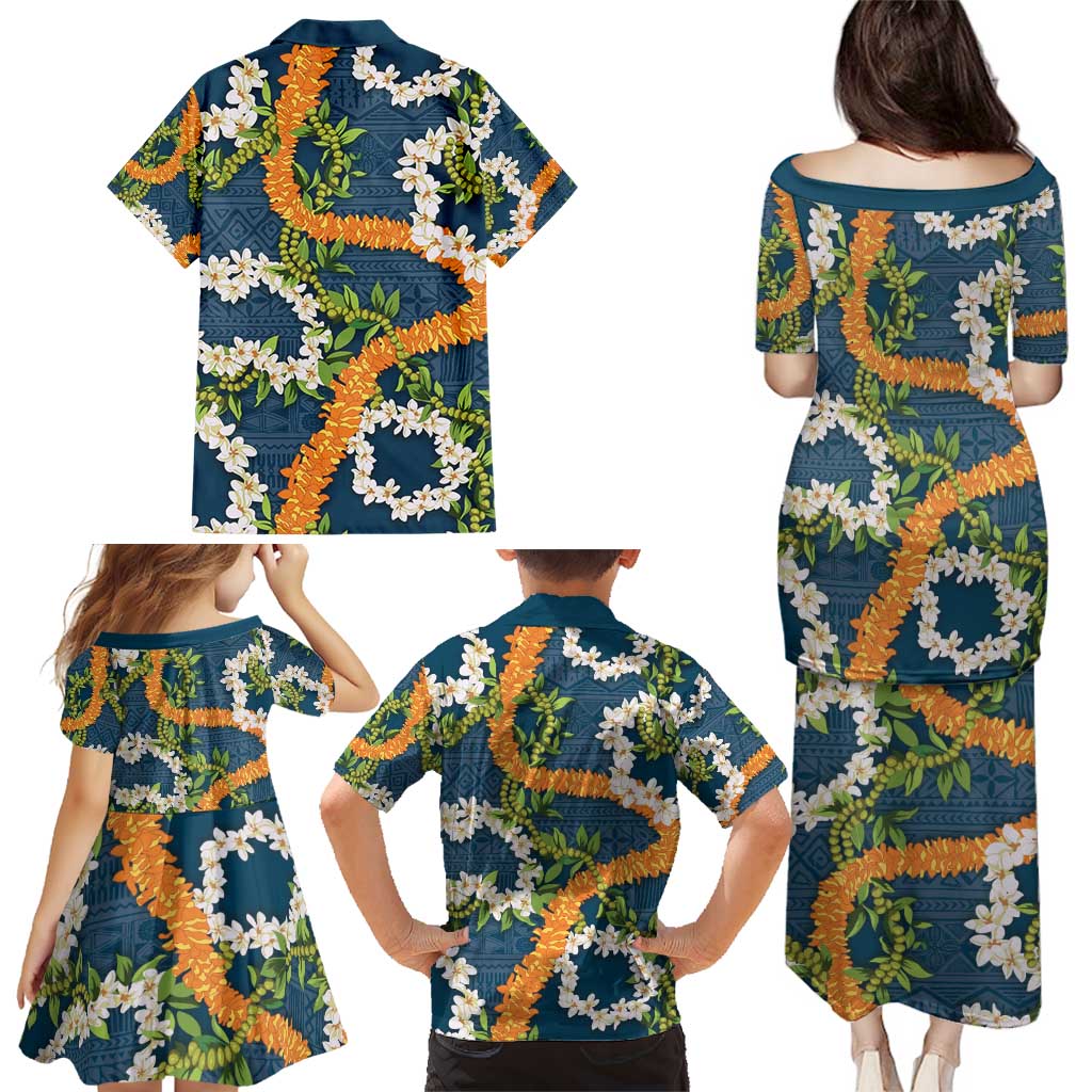 Aloha Festive Hawaii Family Matching Puletasi and Hawaiian Shirt Mokihana - Maile and Ilima on Navy Blue - Polynesian Pride