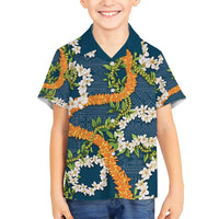 Aloha Festive Hawaii Family Matching Puletasi and Hawaiian Shirt Mokihana - Maile and Ilima on Navy Blue - Polynesian Pride