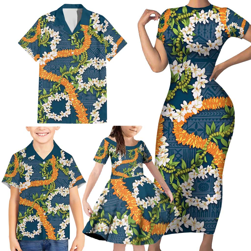 Aloha Festive Hawaii Family Matching Short Sleeve Bodycon Dress and Hawaiian Shirt Mokihana - Maile and Ilima on Navy Blue - Polynesian Pride