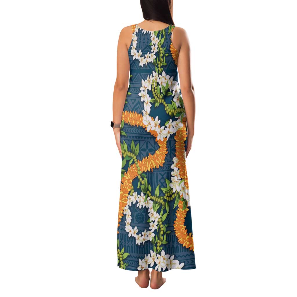Aloha Festive Hawaii Family Matching Tank Maxi Dress and Hawaiian Shirt Mokihana - Maile and Ilima on Navy Blue - Polynesian Pride