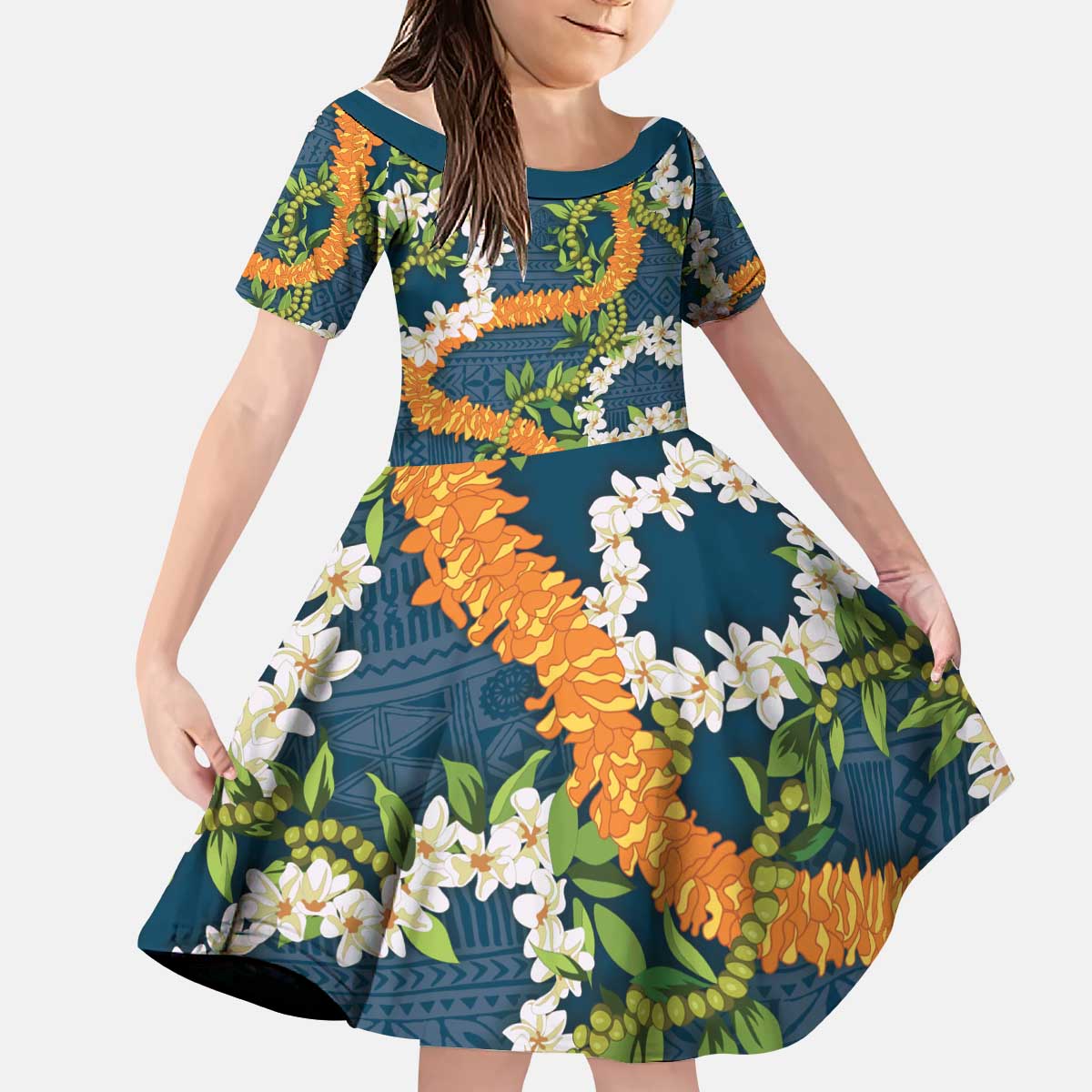 Aloha Festive Hawaii Kid Short Sleeve Dress Mokihana - Maile and Ilima on Navy Blue LT7 KID Navy Blue - Polynesian Pride