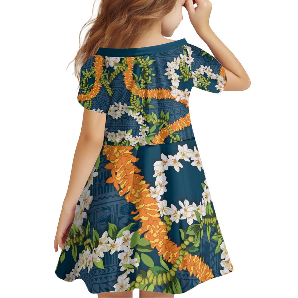 Aloha Festive Hawaii Kid Short Sleeve Dress Mokihana - Maile and Ilima on Navy Blue LT7 - Polynesian Pride