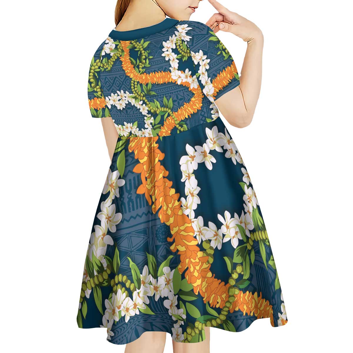 Aloha Festive Hawaii Kid Short Sleeve Dress Mokihana - Maile and Ilima on Navy Blue LT7 - Polynesian Pride