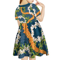 Aloha Festive Hawaii Kid Short Sleeve Dress Mokihana - Maile and Ilima on Navy Blue LT7 - Polynesian Pride