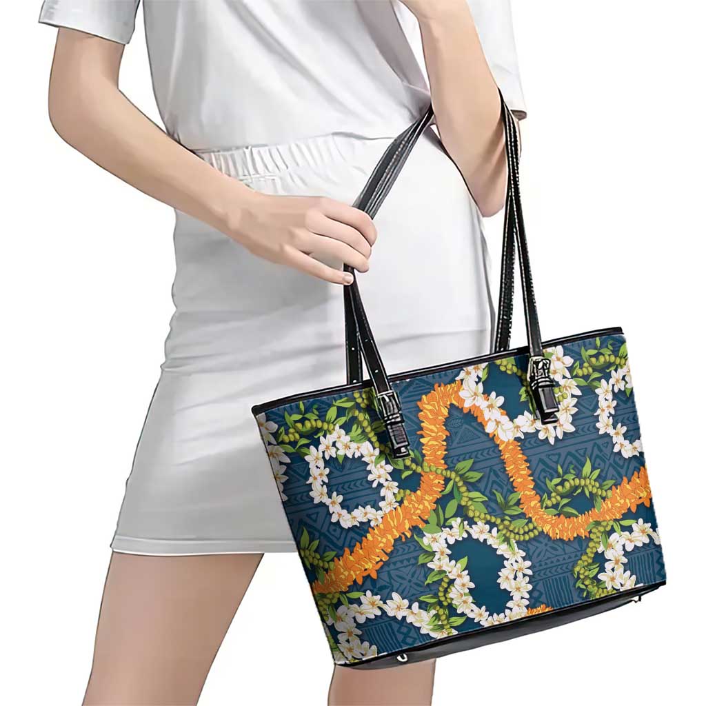 Aloha Festive Hawaii Leather Tote Bag Mokihana - Maile and Ilima on Navy Blue - Polynesian Pride
