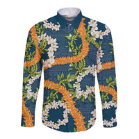 Aloha Festive Hawaii Long Sleeve Button Shirt Mokihana - Maile and Ilima on Navy Blue LT7 Unisex Navy Blue - Polynesian Pride
