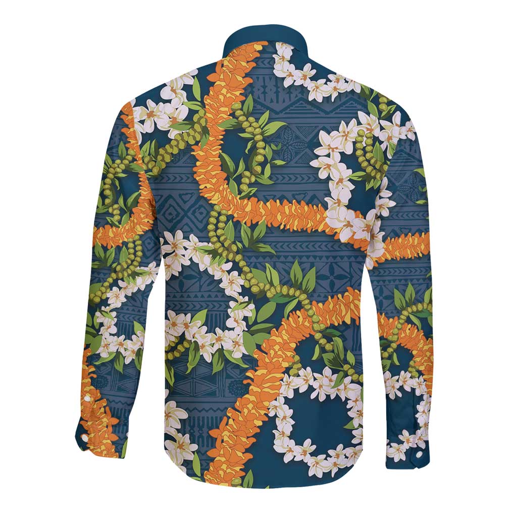 Aloha Festive Hawaii Long Sleeve Button Shirt Mokihana - Maile and Ilima on Navy Blue LT7 - Polynesian Pride