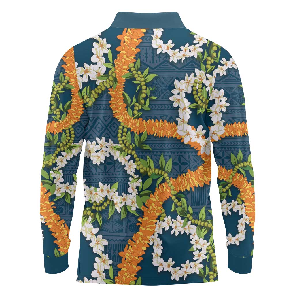 Aloha Festive Hawaii Long Sleeve Polo Shirt Mokihana - Maile and Ilima on Navy Blue - Polynesian Pride