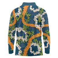 Aloha Festive Hawaii Long Sleeve Polo Shirt Mokihana - Maile and Ilima on Navy Blue - Polynesian Pride