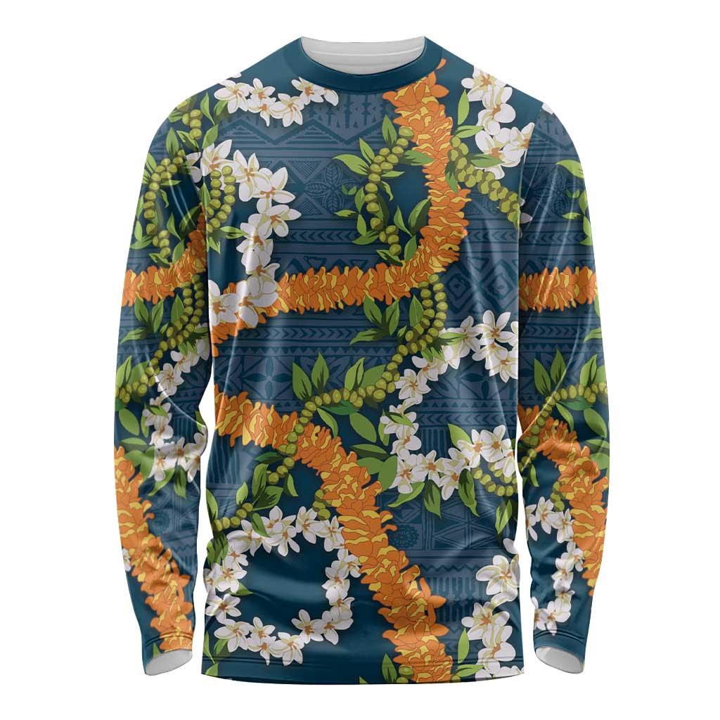 Aloha Festive Hawaii Long Sleeve Shirt Mokihana - Maile and Ilima on Navy Blue LT7 Unisex Navy Blue - Polynesian Pride