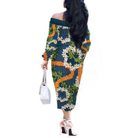 Aloha Festive Hawaii Off The Shoulder Long Sleeve Dress Mokihana - Maile and Ilima on Navy Blue - Polynesian Pride