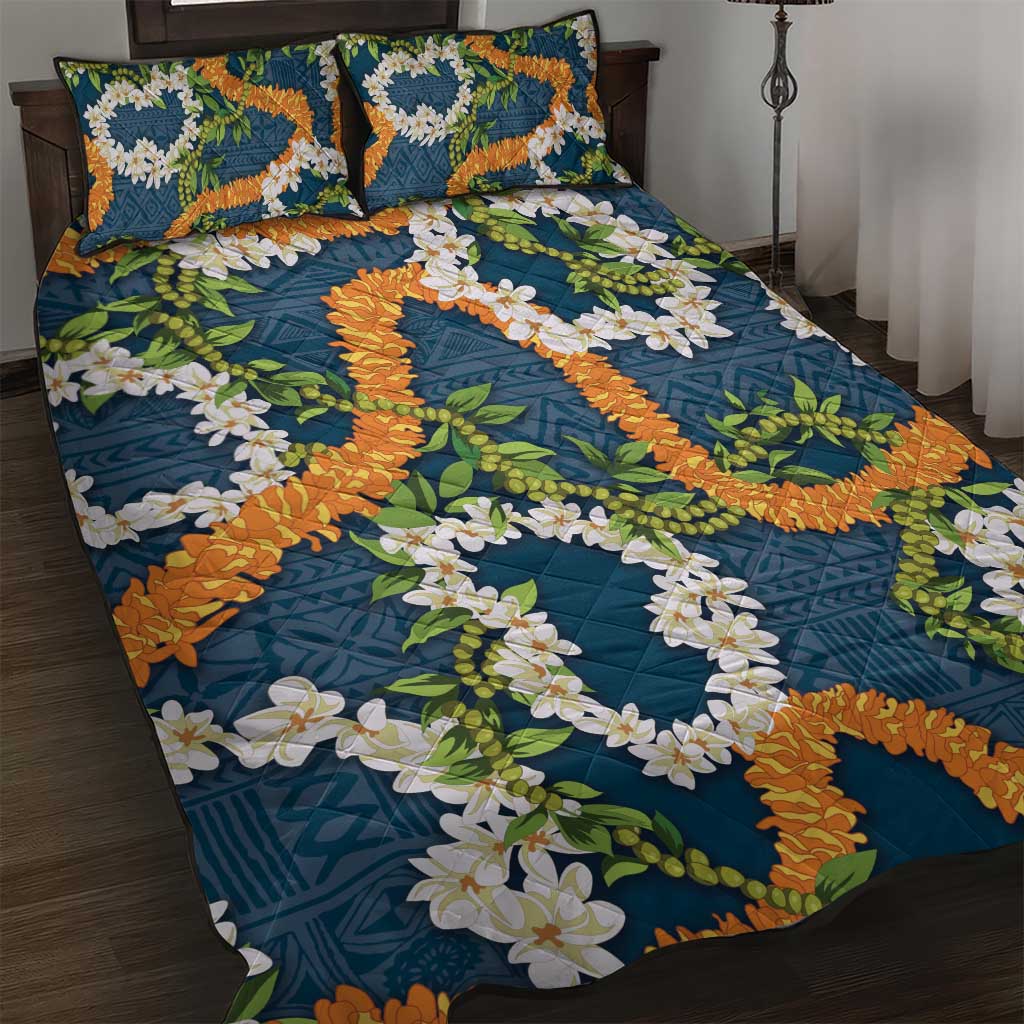 Aloha Festive Hawaii Quilt Bed Set Mokihana - Maile and Ilima on Navy Blue LT7 Navy Blue - Polynesian Pride