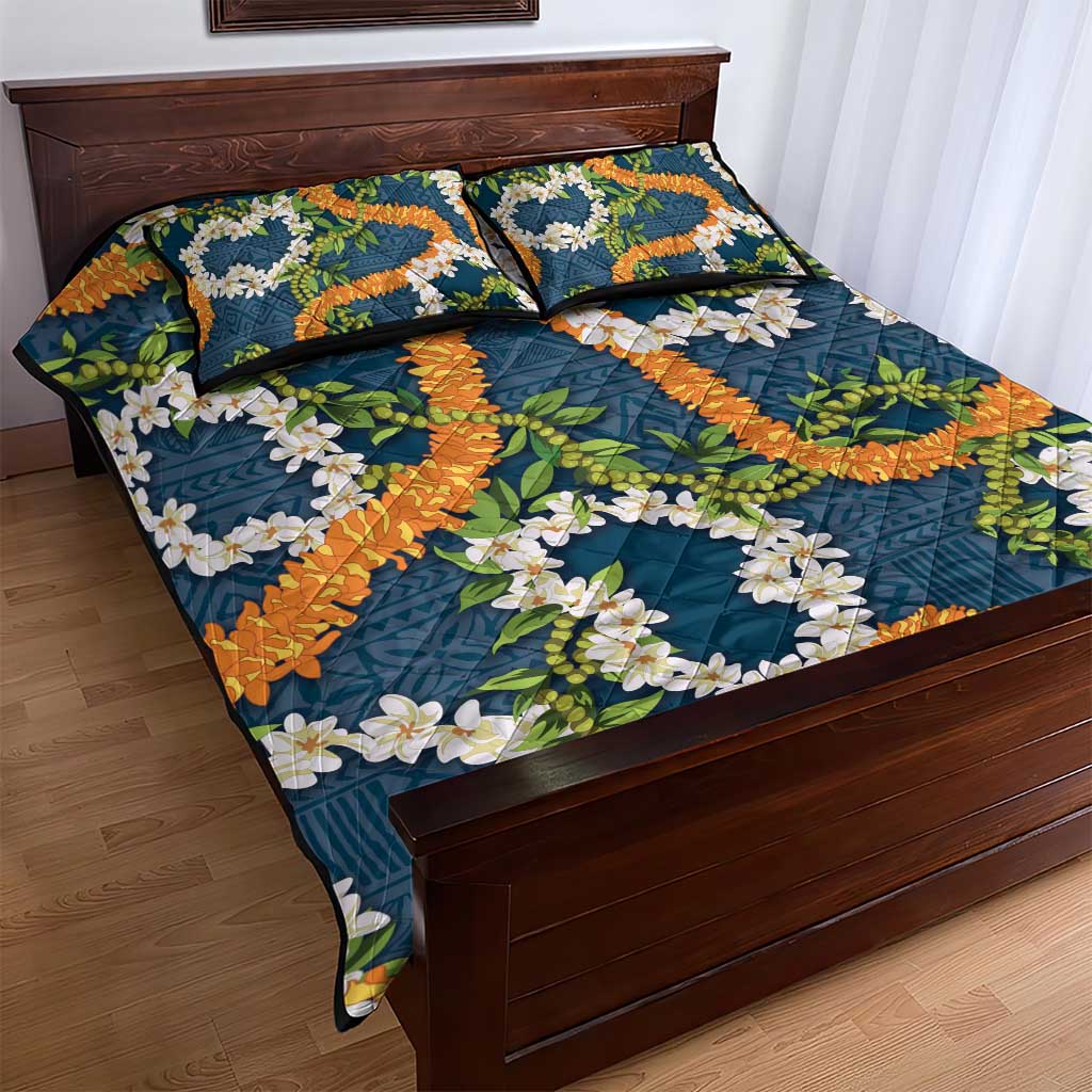 Aloha Festive Hawaii Quilt Bed Set Mokihana - Maile and Ilima on Navy Blue LT7 - Polynesian Pride