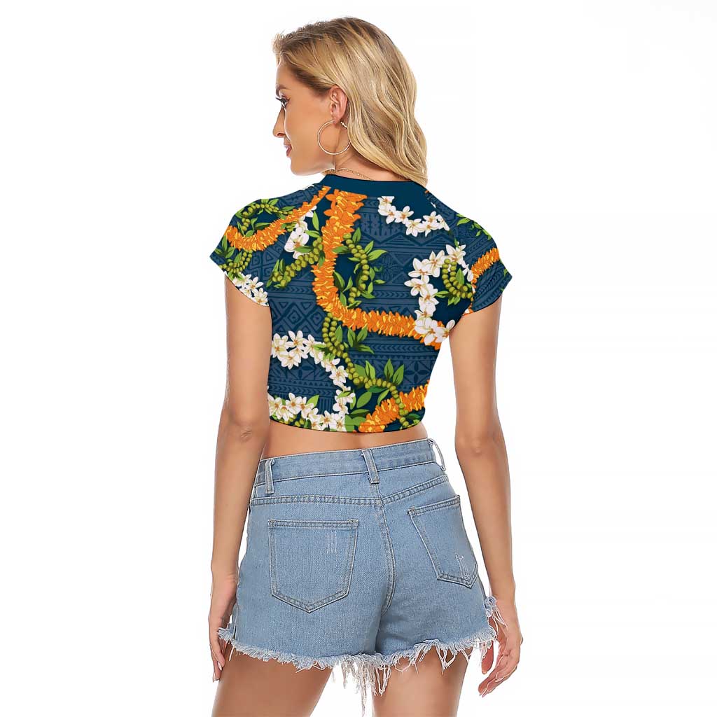 Aloha Festive Hawaii Raglan Cropped T Shirt Mokihana - Maile and Ilima on Navy Blue - Polynesian Pride