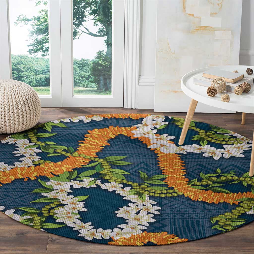 Aloha Festive Hawaii Round Carpet Mokihana - Maile and Ilima on Navy Blue - Polynesian Pride