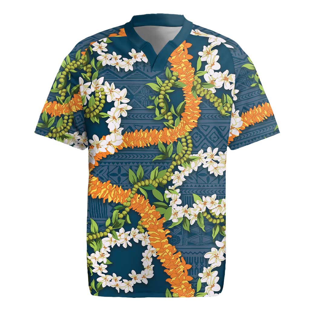 Aloha Festive Hawaii Rugby Jersey Mokihana - Maile and Ilima on Navy Blue LT7 Navy Blue - Polynesian Pride